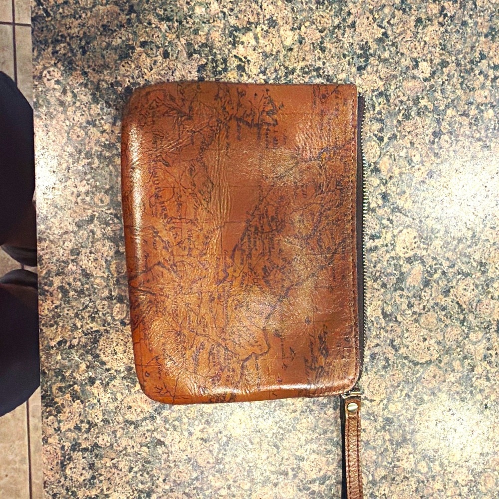 Womens Brown Leather Map Print Wristlet Clutch Zip Pouch Gold Hardware